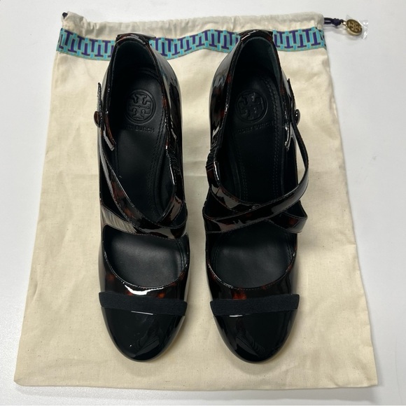 Tory Burch Tortoise Shell Patent Leather Mary Jane Criss Cross Pumps Size 8 - Picture 5 of 6